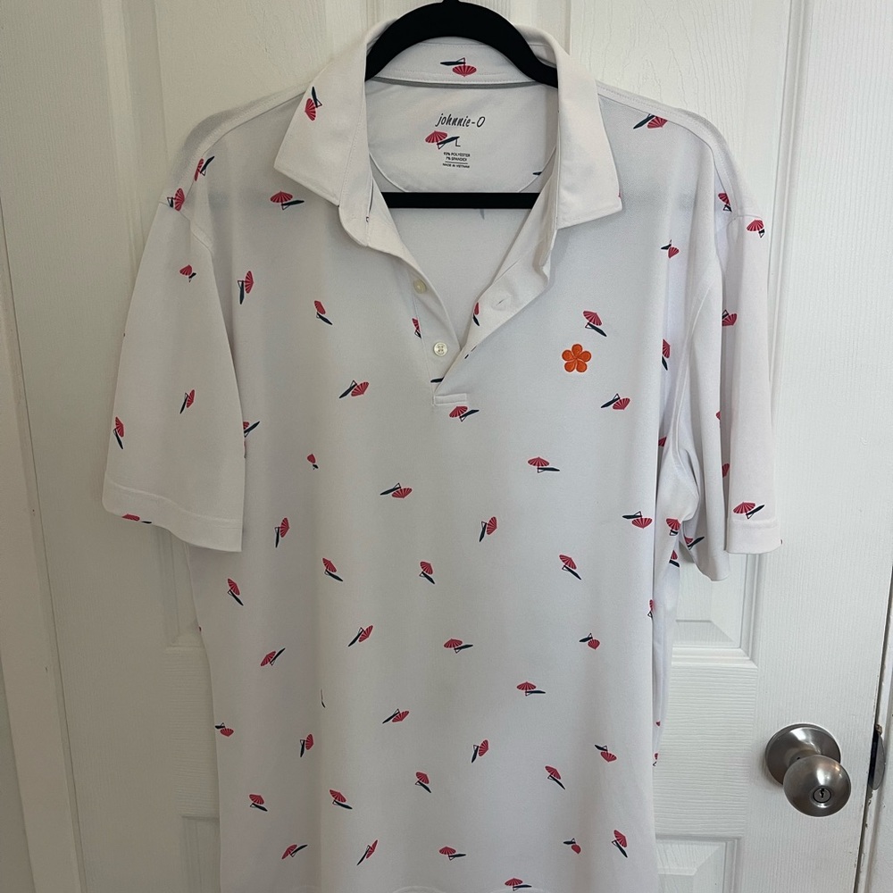 johnnie-O White Polo with Pink Umbrella Print